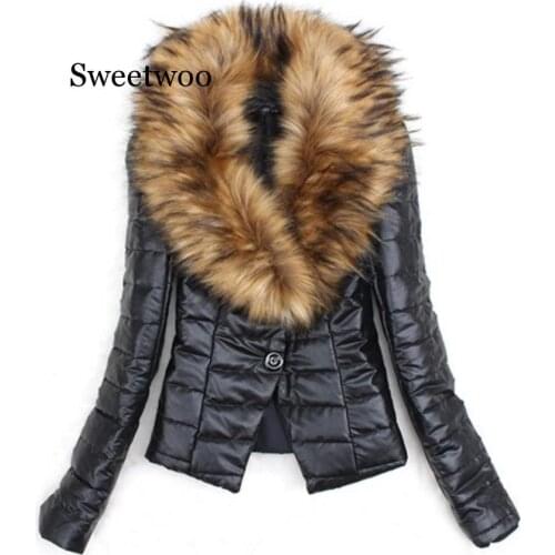Women 2020 Big Fur Collar Women PU Leather Jacket Winter Plus Size 3XL Autumn Cotton Coat Slim Down Jacket