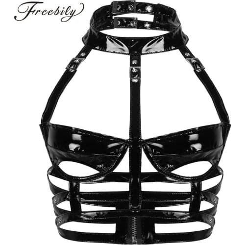 Women Sexy Harness Cage Bra Top Wet Look Leather Halter Cups Cutout Low Back Lingerie Body Bondage Rave Punk Gothic Underwear