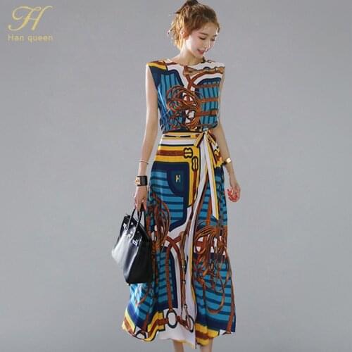 H Han Queen Vintage Print Elegant Long Dress Women 2019 Spring 2 Pieces Dresses Big Swing Ankle-length Vestidos