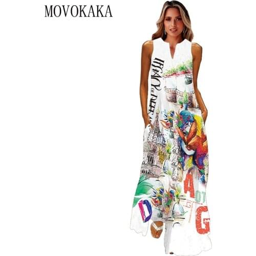 MOVOKAKA Letter Cartoon printed Casual Beach Dress 2021 Plus Size Long Dresses Summer Woman V Neck Sleeveless Girls Maxi Dresses