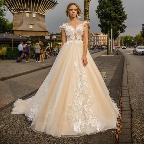 Alonlivn Elegant Embroidery Lace With Feathers A-Line Wedding Dresses And Beadings Appliques Sleeveless Bride Skirts