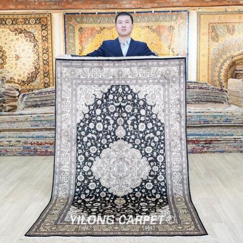 YILONG 4'x6' Hereke silk carpet vantage black hand made persian rug (LH880B4x6)