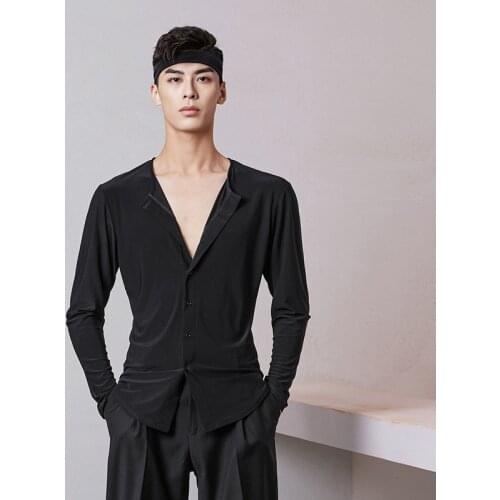 2020 New Male Latin Dance Top Black Long Sleeve V-Neck Shirts Loose Latin Dance Practice Clothes Latin Performance Wear DQS5900