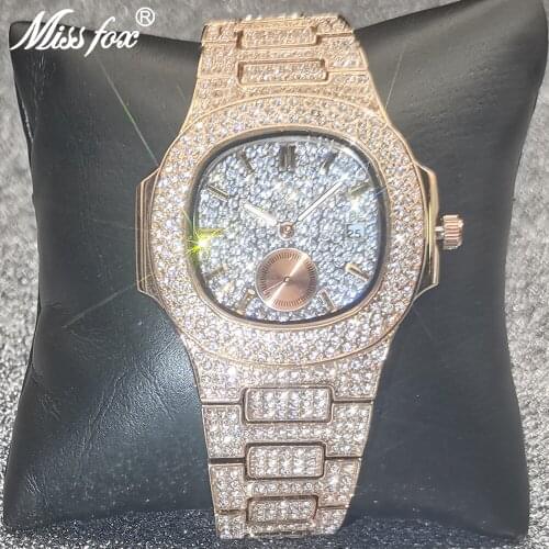 Classic Hip Hop MISSFOX Men Watches Iced Out Hot Top Luxury Brand Full Diamond Bling Quartz Wristwatches Luxurious AAA Clocks
