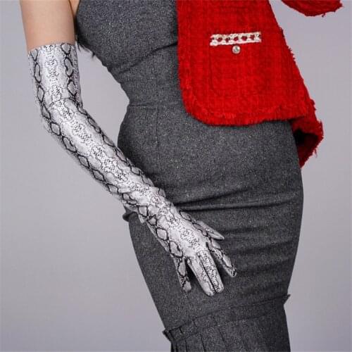 Snakeskin Long Gloves 60cm Long Section Patent Leather Emulation Leather PU Leather Gloves Bright Leather Python Pattern PU58