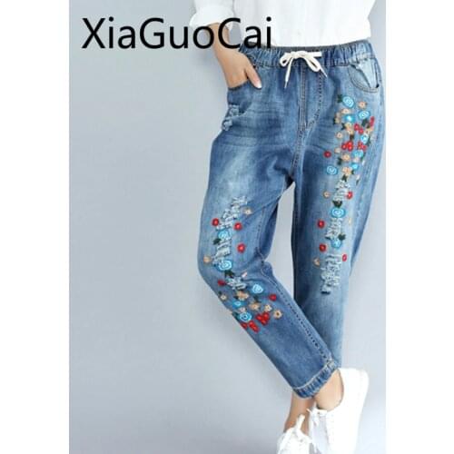 Flowers Women Jeans Large Size Womens Autumn Casual Embroidery Pants Loose Thin Nine Ripped Pants Jeans for Women