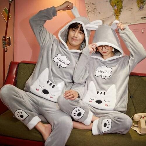 Flannel Flano Pullover Long Sleeve Trouser Boy Girl Pajama Jammies with Hat Winter Couples Lovers Nightwear Pyjamas With Cap HDE