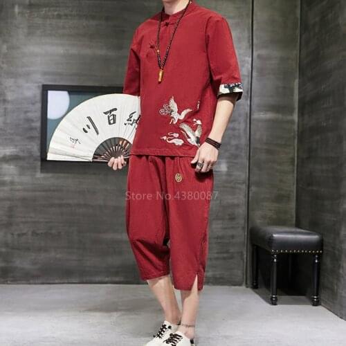 Summer Men Chinese Linen Tang Suit Pants Set Oriental Kung Fu Suit Traditional Clothing Crane Embroidery Tai Chi Uniform Costume