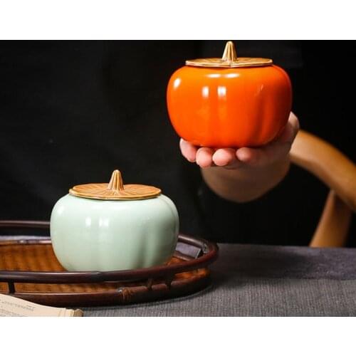 Mini Pumpkin Shape Tea Can Proclain Storage Container Sealed Canister Coffee Sugar Jar Gift for Restaurant Home -Size S (Green)