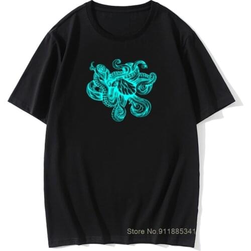 High Street T-shirt Men Octopus Neon Blue Black Tshirt Casual Short Sleeve Tops Summer Crew Neck Cotton Boy T Shirt Designer
