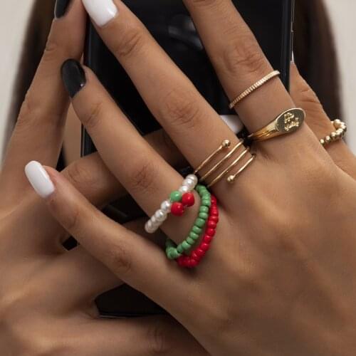 Bohemia Holiday Ring Set for Women Girls Simple Fashion Beads Cherry Charm Ring Trandy Metal Geometry Adjutable Ring Accessory