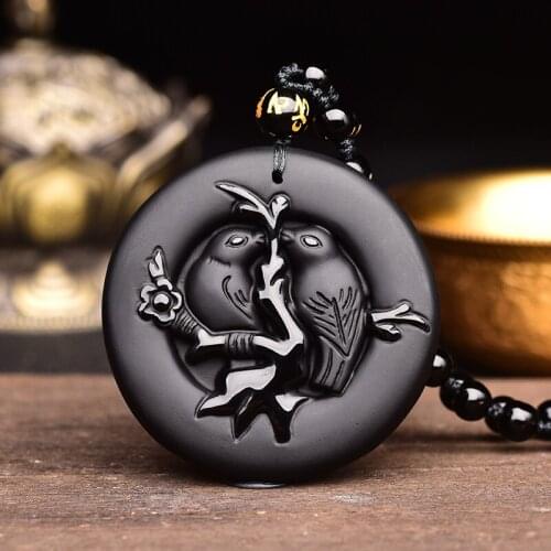 Natural Black Obsidian Bead Necklace Hand-Carved Magpie Jade Pendant Fashion Charm Auspicious Jewelry for Man Women Amulet Gifts