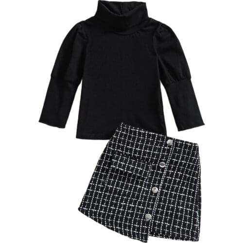 2021 New Autumn Fashion Baby Plaid Half Dress Tops Set Long Sleeve High Neck Knitwear Side Pockets Irregular Hem Skirt 6M-4T