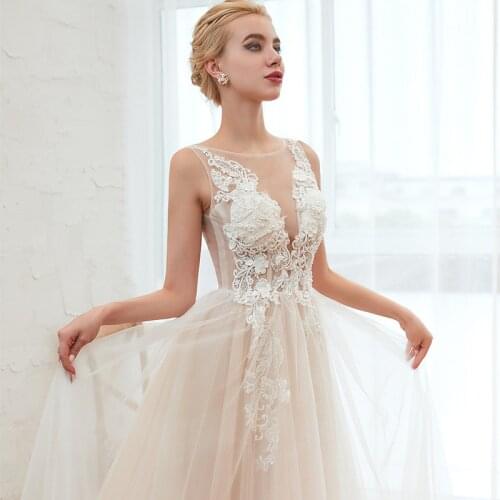 2021 New Wedding Dress Custom Occasion Illusion Round Neck Elegant Strapless Applique Flower Bridal Dress