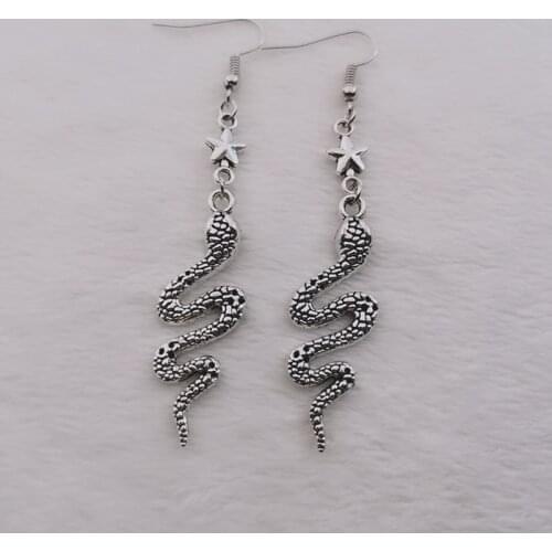 Handmade Gothic Silver Plated Snake Serpent Dangle Earrings with Stars,Boho,Bohemian,Witchy, Gothic,Celestial