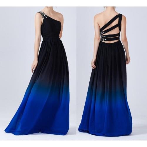 Royal Blue Chiffon Long Prom Dresses 2021 One Shoulder beading backless Vintage Evening party Dress Vestidos De Festa