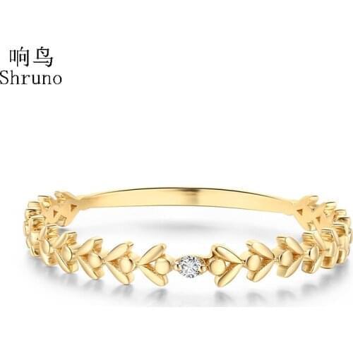 Shruno Diamond Ring Solid 10K Yellow Gold Round Full Cut SI/H Natural Diamond Leaf Shape Trendy Fine Jewelry Ring Gift