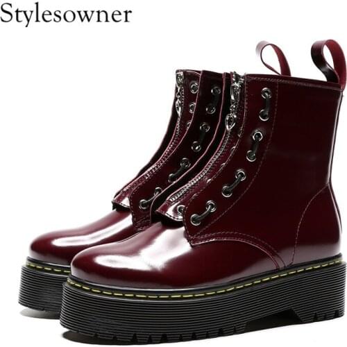 Stylesowner Korean Style New Coming High-end Woman Ankle Boots Low Heels Patent Leather Zipper All-match Soft Leather Boots