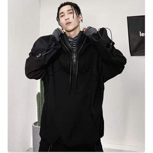 Techwear Hoodie Mens Gothic Black Patchwork Cotton Pullover Japanese Harajuku Streetwear Couple Fashion Zip Sweatshirt Hoodies