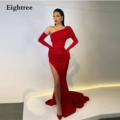 Eightree Wine Red Mermaid Sexy Night Party Dress One Sleeves Floor Length Formal Dress Front Side Slit Gowns No Gloove