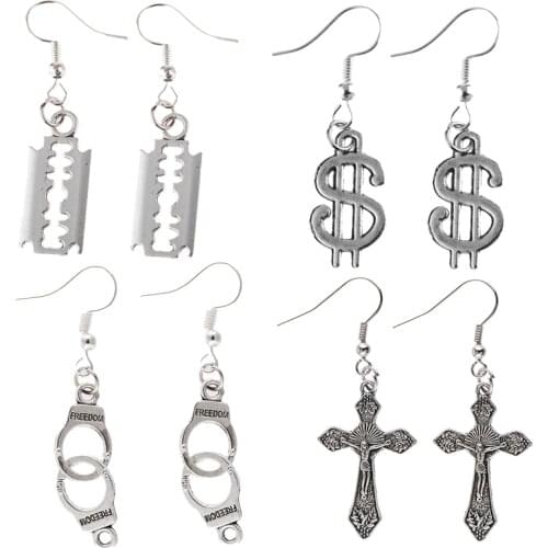 Vintage Razor blade punk goth gotic drop dangle earring for women egirls cross Handcuffs hanging pendientes statement aretes