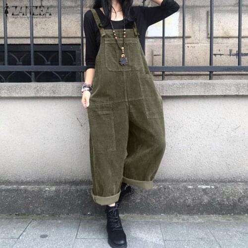 Vintage Corduroy Overalls Womens Autumn Jumpsuits ZANZEA Casual Suspender Harem Pants Female Solid Rompers Femme Oversize