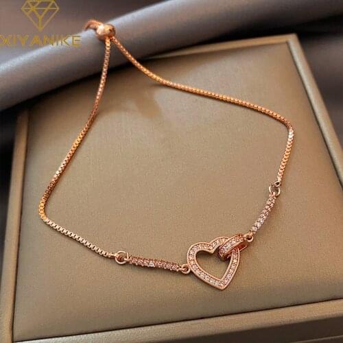 XIYANIKE 925 Sterling Silver New Full Aiamond Love Heart Drawstring Adjustable Bracelet Female Sweet Handmade Jewelry Wholesale