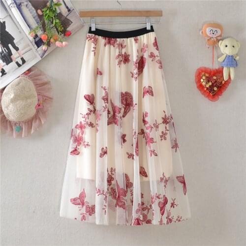 Women Summer Elegant Tulle Midi Skirts 2021 Fashion Ladies Spring Streetwear High Waist Casual Embroidery Skirt DS232
