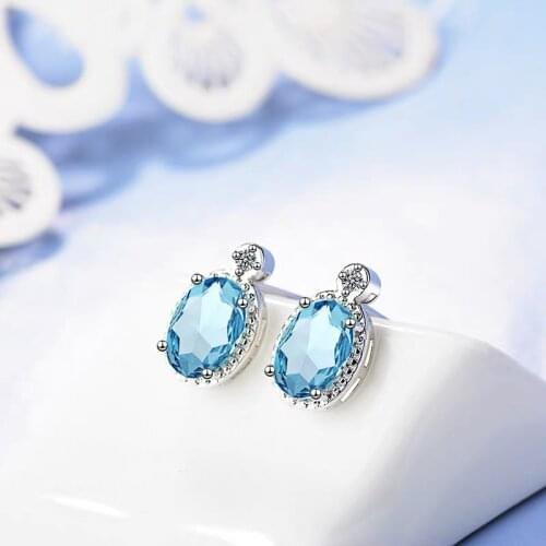 Simple Classic Artificial Crystal Ocean Blue Water Drop Silver Color Earrings For Women Gift
