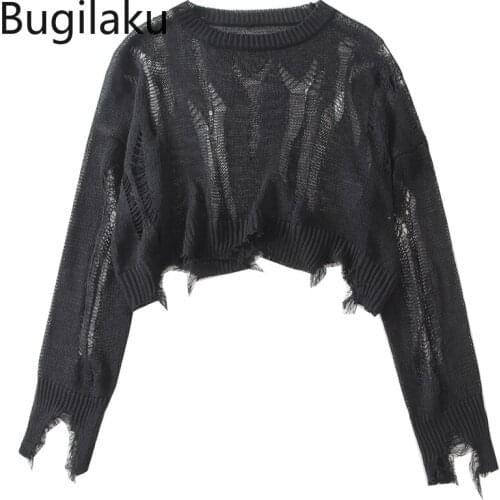 Bugilaku New Arrival Irregular Cut Out Pullover Jumperrs O Neck Long Sleeve Casual Black Knit Tops High Street Loose Pull Femme