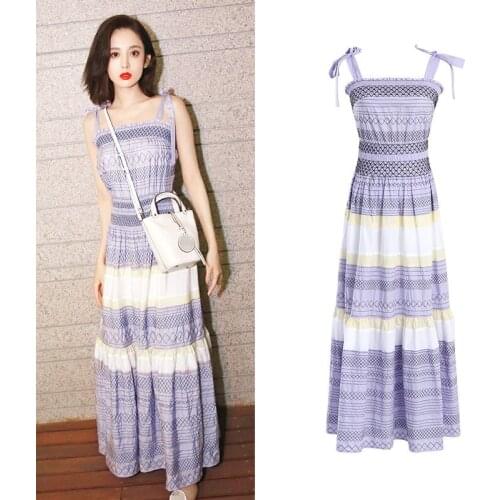 New Runway Women Plaid Striped Spaghetti Strap Dress Ladies Summer Sexy Sleeveless Slash Neck Elegant Party Long Dress Vestidos