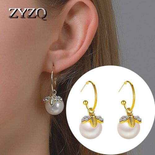 ZYZQ Hot Sale Imitation Pearl Earring For Women Crystal Bee Pearl Earring Elegant Lady Ear Jewelry For Banquet Party Wholesale