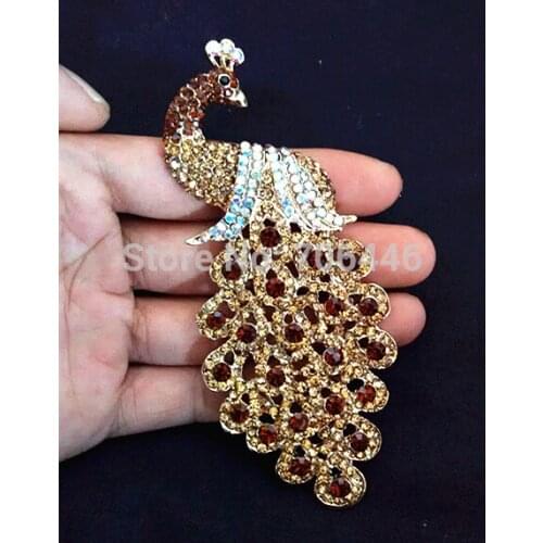 4.3 Inch Gold Extra Large Rhinestone Crystal Diamante Peacock Brooch without Pin