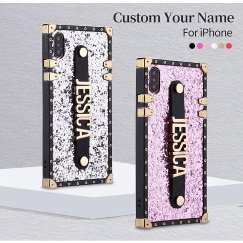 Custom Glitter Trunk Case Holding Strap Gold Metal Personalized Name Phone Case For iPhone 12 11 Pro XS Max XR 7 7Plus 8 8Plus X