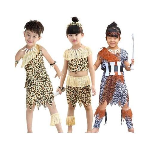 Childrens wildling costumes Fringed savage clothes Leopard print indian costume croods flintstones primitive for kid girls boys