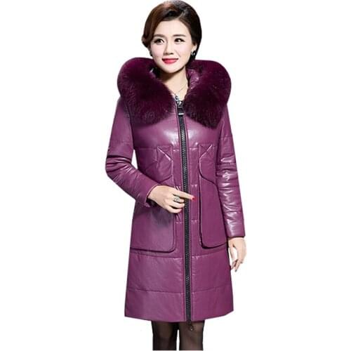 Plus size 6XL Fur collar Long Leather Coat 2020 Winter Womens Faux Leather Down jacket Female Fashion Hooded warm Leather Coats