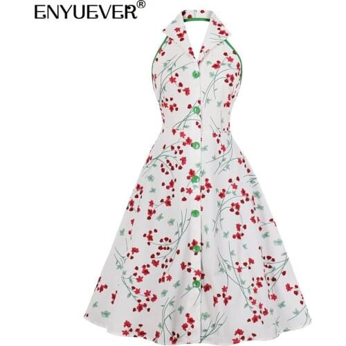 Enyuever Floral Print Summer Dress Women Casual Clothes Halter Sleeveless Backless Robe Pin Up Button Up Vintage Dress Sundress