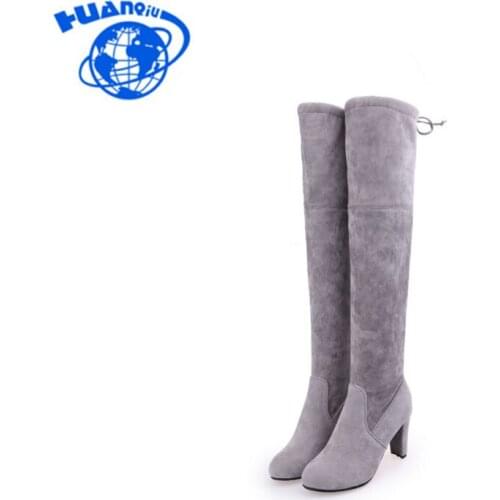 HUANQIU 2017 Over The Knee Boots Square High Heel Women Boots Sexy Ladies Lace Up Brand Fashion Boots Winter Warm Shoes FM23
