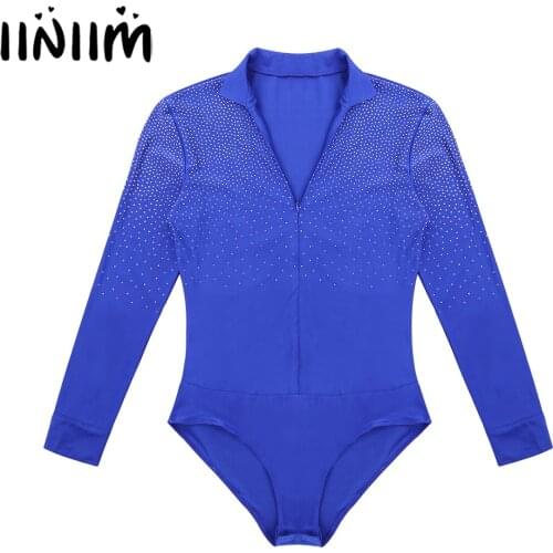 Iiniim Mens Male Sexy Teddies Shiny Rhinestones Stand Collar Ballroom Costumes Rumba Dance Shirt Leotard Bodysuit Costumes
