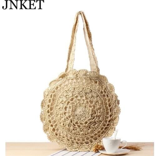 JNKET Fashion Womens Shoulder Bag Hollow Out Round Straw Bag Handmade Woven Beach Bags Circle Handbag Travel Sling Bag Tote