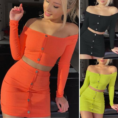 New Fashion Trend Woman Sexy Off Shoulder Set Solid Button Bodycon 2 Pcs Sets Women Long Sleeve Top And Skirt Summer Autumn Sets