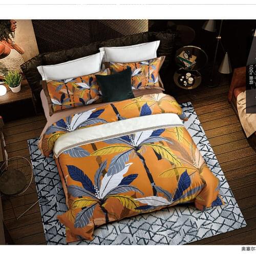 100S Egyptian cotton Bedding Set Plantain tree under dusk Bedding yellow Bed linen High density Bed Queen size Sheet Duvet Cover