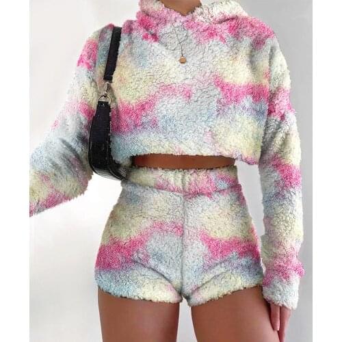 Autumn Winter Fluffy 2PCS Sets Women Sexy Plush Hooded Sweatshirt Crop Tops+High Waist Shorts Casual Tie Dye Tracksuit Suits New