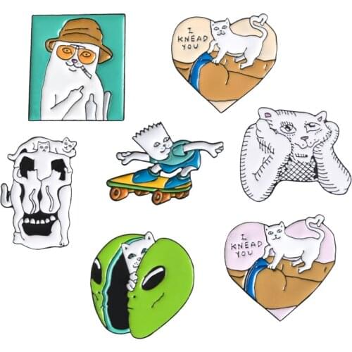 Cat Group Brooch Photo Stamp Heart Cool Skateboard Cat Alien Thinker Couple Kitten Fun Enamel Pin Backpack Animal Badge Kid Gift