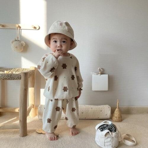 2021 Fashion Korean Toddler Baby Bear Print Tracksuit Walf Checks Children Kids Loose Cartoon Sweatshirt+Pants 2pcs Suit Outfit