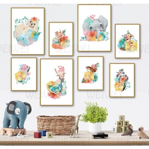 Cartoon Cute Animal Children Room Decoration Painting Dog and Flowers Elephant Pig Deer Fox Home Living Room Wall Canvas Poster