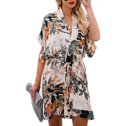 2019 Hitmebox New Fashion Womens Short Sleeve V Neck Vacation Kimonos Bohemia Floral Print Buttons Down Mini Dress with Belt