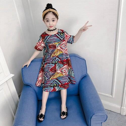 Girls' New Style Fashion Dress 2019 Korean Version of The Big Boy Summer Flower Grid Cotton Skirt Childrens Wear