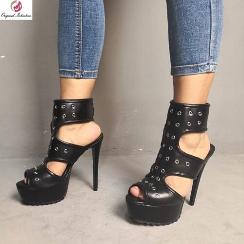Original Intention New Women Sandals Open Toe Thin High Heels Sandals Fashion Black Shoes Woman Plus Size 4-15