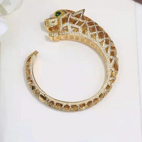 Luxurry Full Cubic Zircon Hollow Leopard Open Bangle Green Eyes Panther Animal Cuff Bracelet for Women Men Jewelry Pseudo Gold